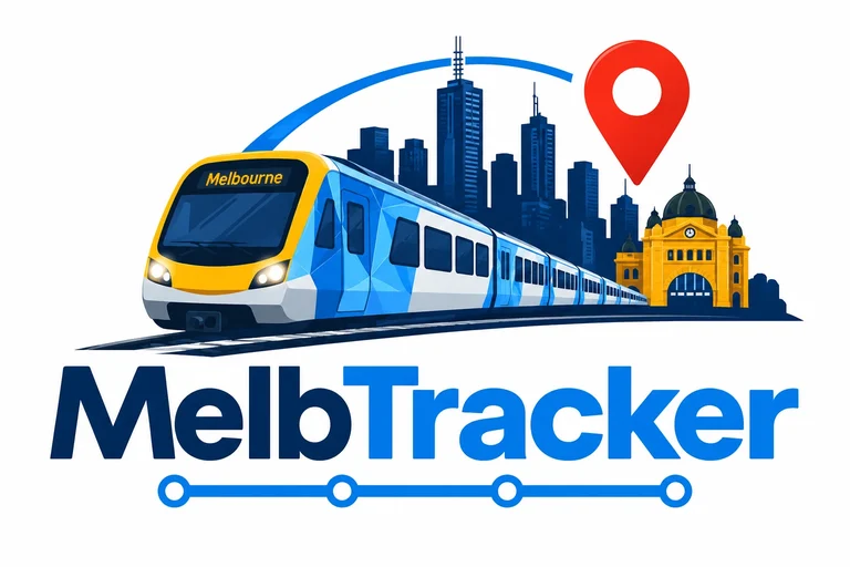 MelbTracker logo: a Melbourne train in front of the city skyline and Flinders Street Station